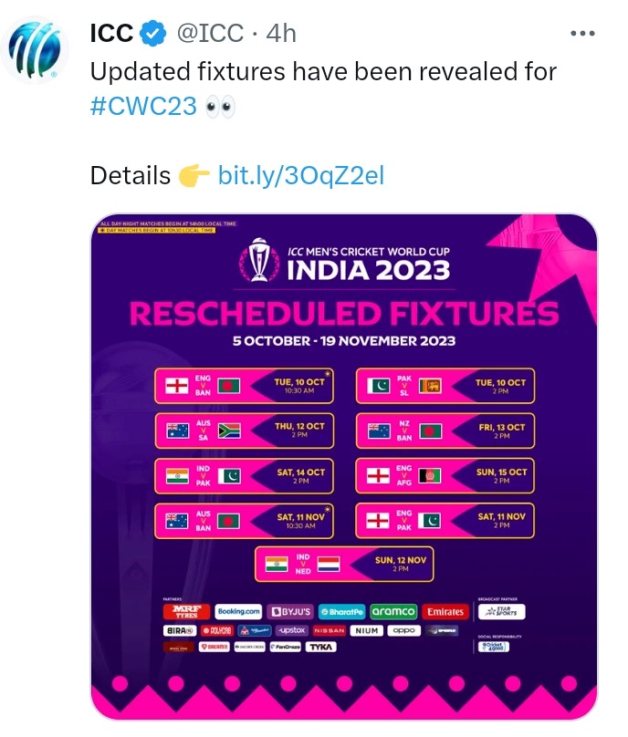 Revised Schedule for Cricket world cup 2023